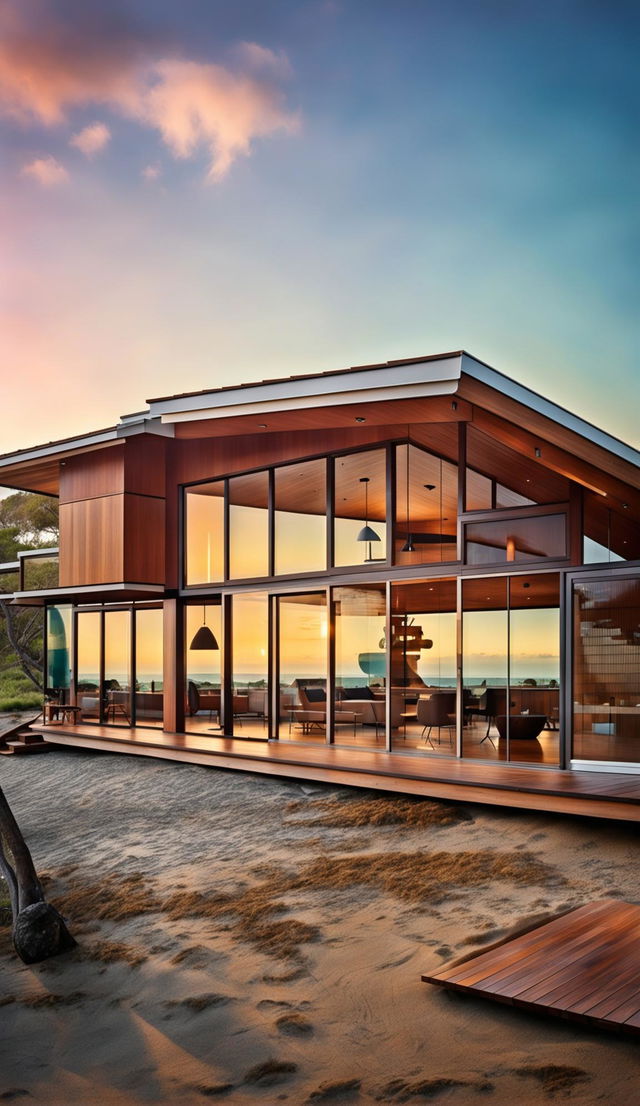 A large, single-storey beach house inspired by the Stahl House, entirely made of timber, captured in architectural photography at sunset, featuring a flat roof, and a deck leading to the beach.