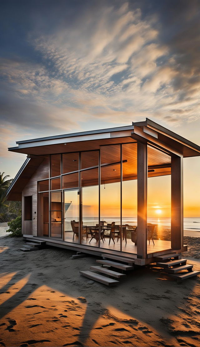 A small, timber cabin inspired by the Stahl House, captured in architectural photography at sunset, featuring a flat roof, and a deck leading to the beach.