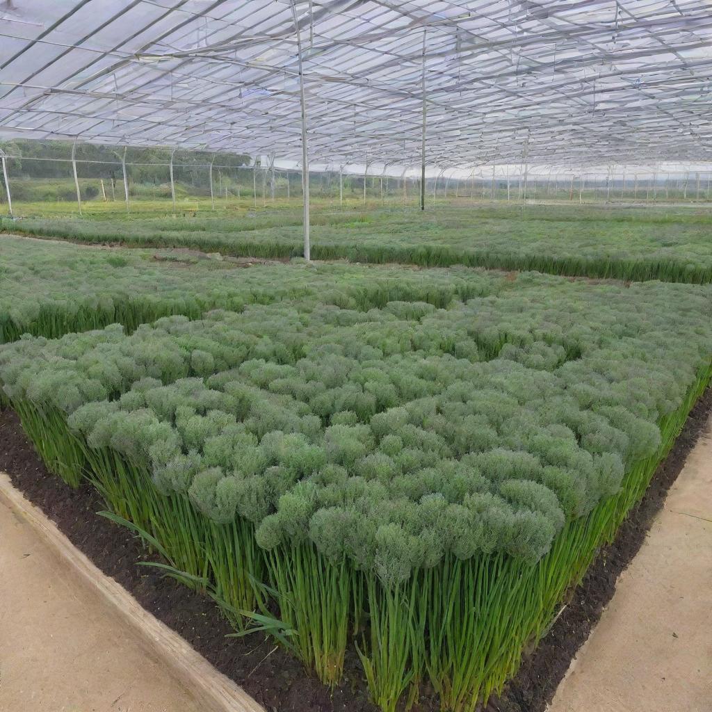 A lush chive garden cultivated under optimal conditions in a bright and spacious greenhouse