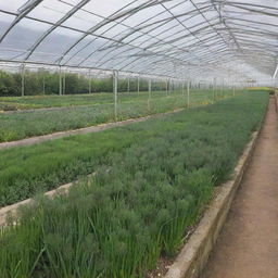 A lush chive garden cultivated under optimal conditions in a bright and spacious greenhouse