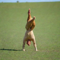 A whimsical image of a chicken performing a handstand, known as 'planting a bananatree' in a vibrant green field under a bright, clear sky.