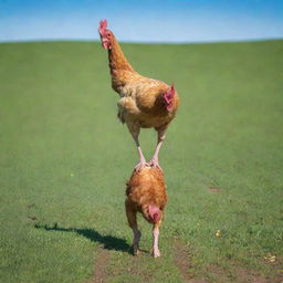 A whimsical image of a chicken performing a handstand, known as 'planting a bananatree' in a vibrant green field under a bright, clear sky.