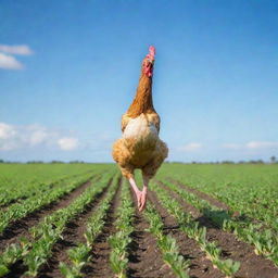 A whimsical image of a chicken performing a handstand, known as 'planting a bananatree' in a vibrant green field under a bright, clear sky.