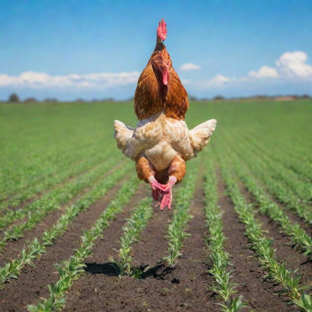 A whimsical image of a chicken performing a handstand, known as 'planting a bananatree' in a vibrant green field under a bright, clear sky.