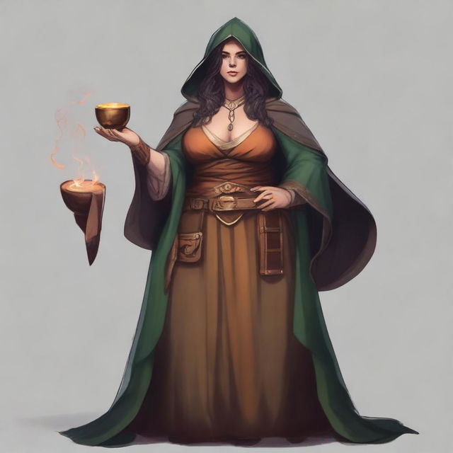 Generate an image of a full figured female Half-elf Coffeelock, a combination of Sorcerer and Warlock