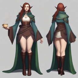 Generate an image of a full figured female Half-elf Coffeelock, a combination of Sorcerer and Warlock