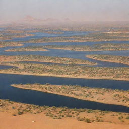 Sweeping panorama of Sudan, with its vast deserts, the famous Nile River flowing gently and colourful markets offering a riot of colours and activity.