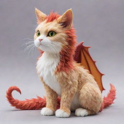 A cat-dragon inspired by the whimsical aesthetic of Studio Ghibli movies. It possesses the elegant fluffy body of a cat combined with the majestic, scaly features of a dragon.