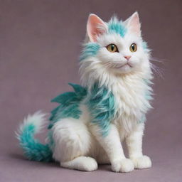 A cat-dragon inspired by the whimsical aesthetic of Studio Ghibli movies. It possesses the elegant fluffy body of a cat combined with the majestic, scaly features of a dragon.