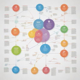 A detailed conceptual map focusing on the argumentative structure in sociocultural themes, featuring thesis, arguments and counterarguments, interconnected with colorful lines and icons symbolizing different aspects.