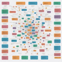 A detailed conceptual map focusing on the argumentative structure in sociocultural themes, featuring thesis, arguments and counterarguments, interconnected with colorful lines and icons symbolizing different aspects.