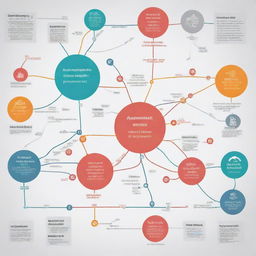 A detailed conceptual map focusing on the argumentative structure in sociocultural themes, featuring thesis, arguments and counterarguments, interconnected with colorful lines and icons symbolizing different aspects.