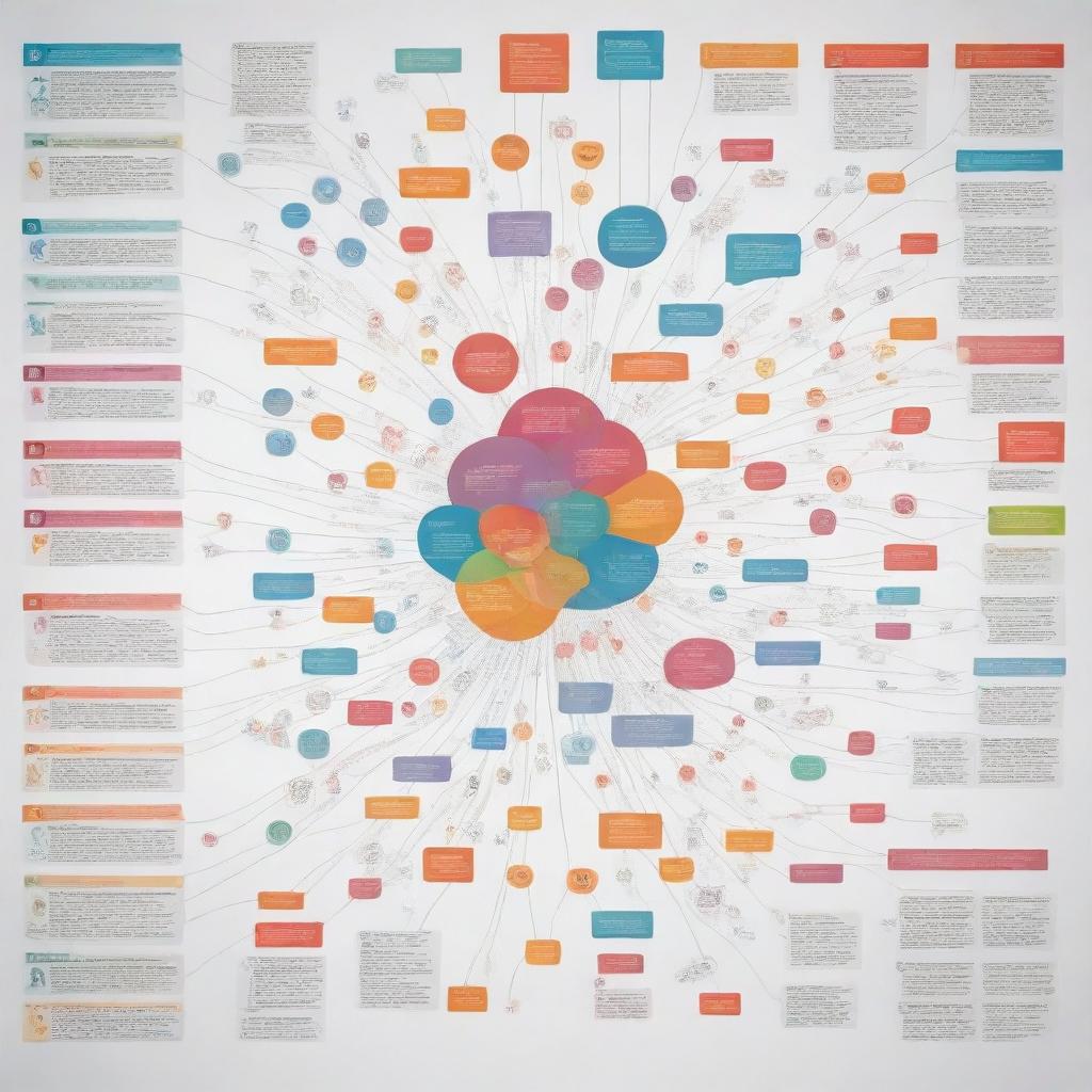 A detailed conceptual map focusing on the argumentative structure in sociocultural themes, featuring thesis, arguments and counterarguments, interconnected with colorful lines and icons symbolizing different aspects.