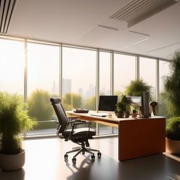 Generate a high-resolution image of a modern and minimalist office environment, with a spacious desk, ergonomic chair, decorative indoor plants and large panoramic windows offering an abundance of natural light.