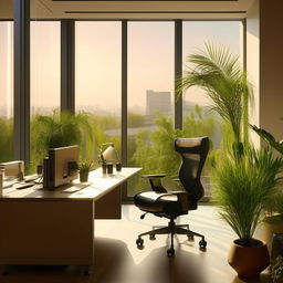 Generate a high-resolution image of a modern and minimalist office environment, with a spacious desk, ergonomic chair, decorative indoor plants and large panoramic windows offering an abundance of natural light.