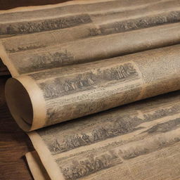 An antique scroll unrolling to reveal a detailed timeline of important historical events with vivid illustration.