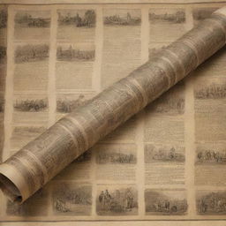 An antique scroll unrolling to reveal a detailed timeline of important historical events with vivid illustration.