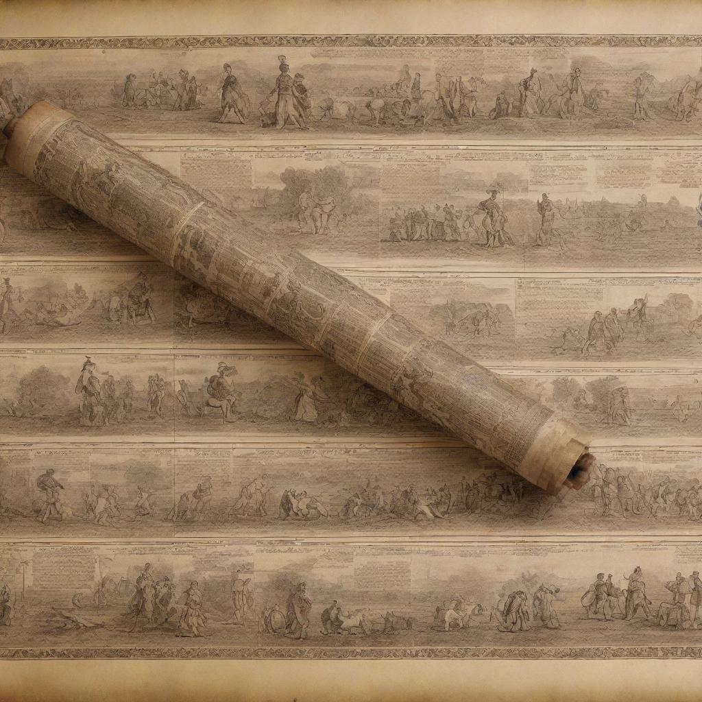 An antique scroll unrolling to reveal a detailed timeline of important historical events with vivid illustration.