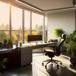 Generate a high-resolution image of a modern and minimalist office environment, with a spacious desk, ergonomic chair, decorative indoor plants and large panoramic windows offering an abundance of natural light.