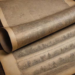 An antique scroll unrolling to reveal a detailed timeline of important historical events with vivid illustration.