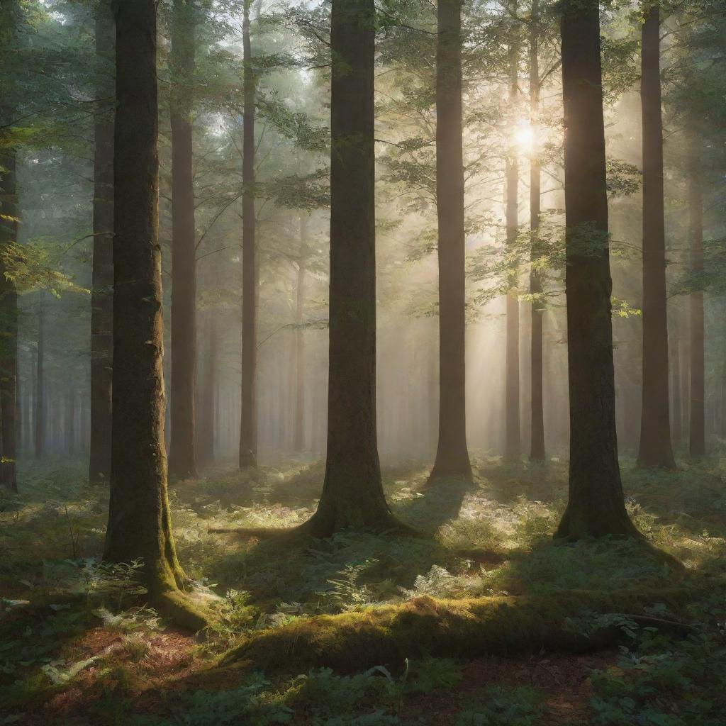 Render an intricate scene of a forest at dawn, bathed in soft morning light, full of towering trees and dappled sunlight peering through the foliage.