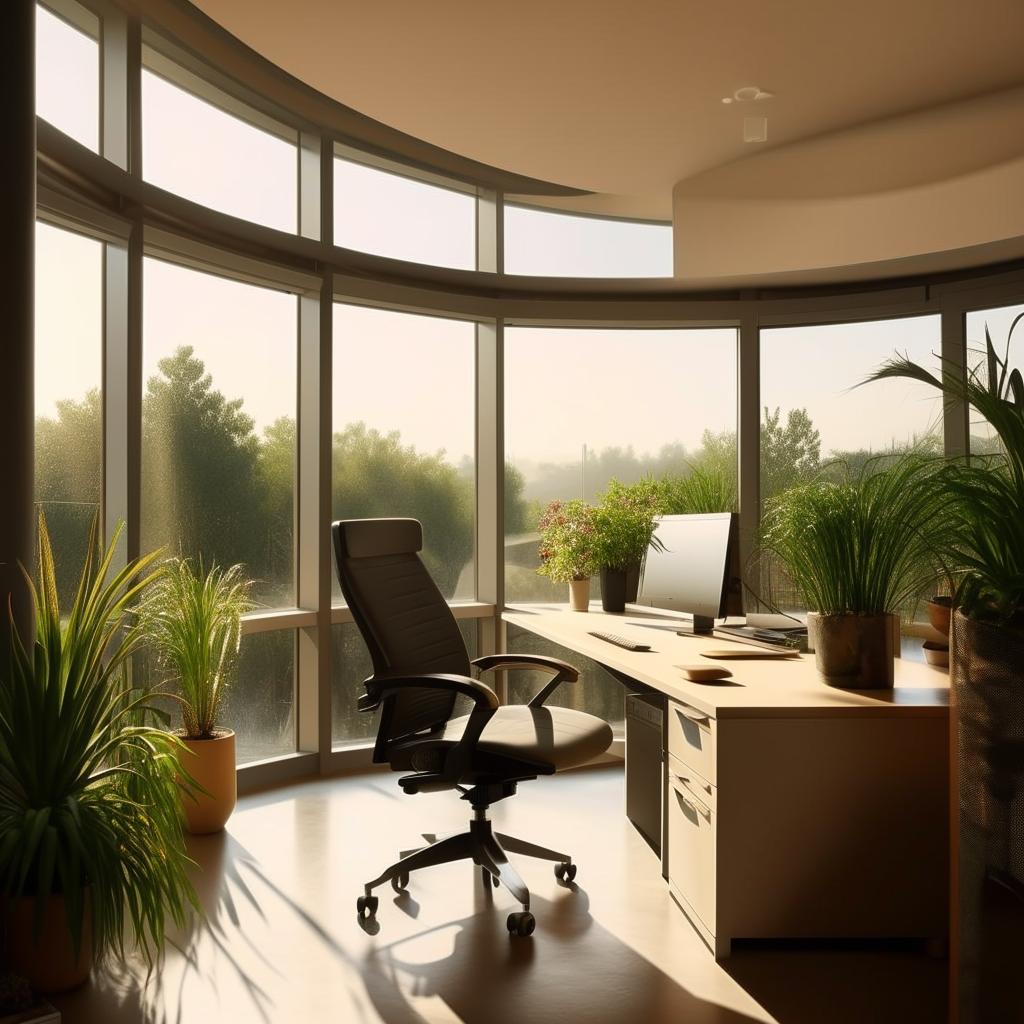 Generate a high-resolution image of a modern and minimalist office environment, with a spacious desk, ergonomic chair, decorative indoor plants and large panoramic windows offering an abundance of natural light.