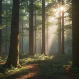 Render an intricate scene of a forest at dawn, bathed in soft morning light, full of towering trees and dappled sunlight peering through the foliage.