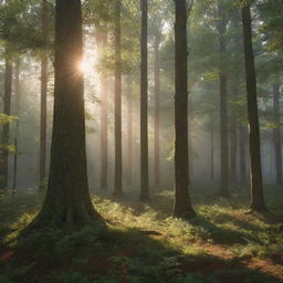 Render an intricate scene of a forest at dawn, bathed in soft morning light, full of towering trees and dappled sunlight peering through the foliage.