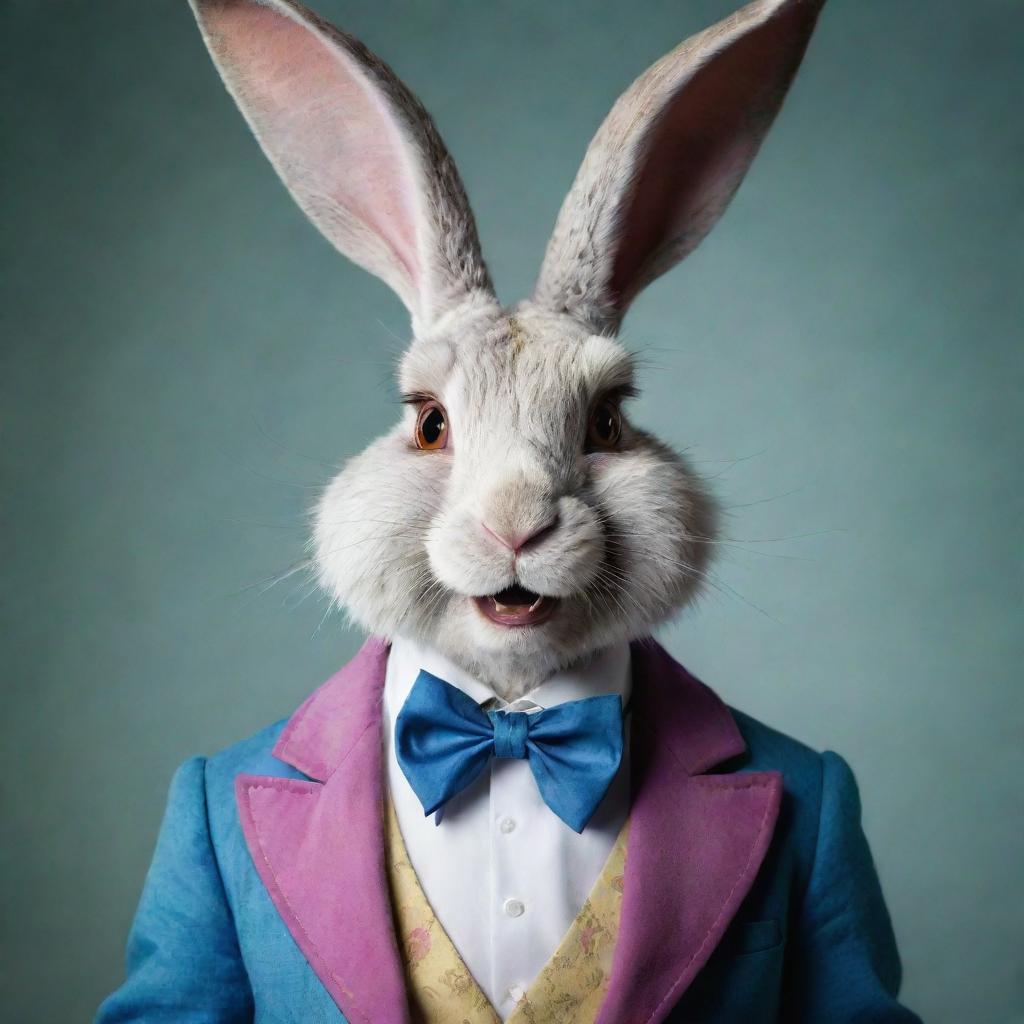 Human version of the crazy rabbit from Alice in Wonderland, whimsically dressed with exaggerated features.