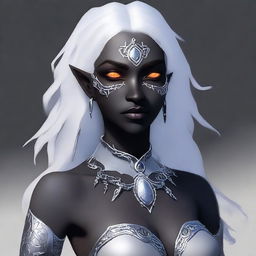 Generate an image of a unique female Drow who is part Moon Elf and part Sun Elf