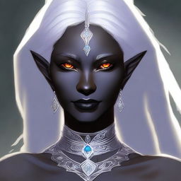 Generate an image of a unique female Drow who is part Moon Elf and part Sun Elf