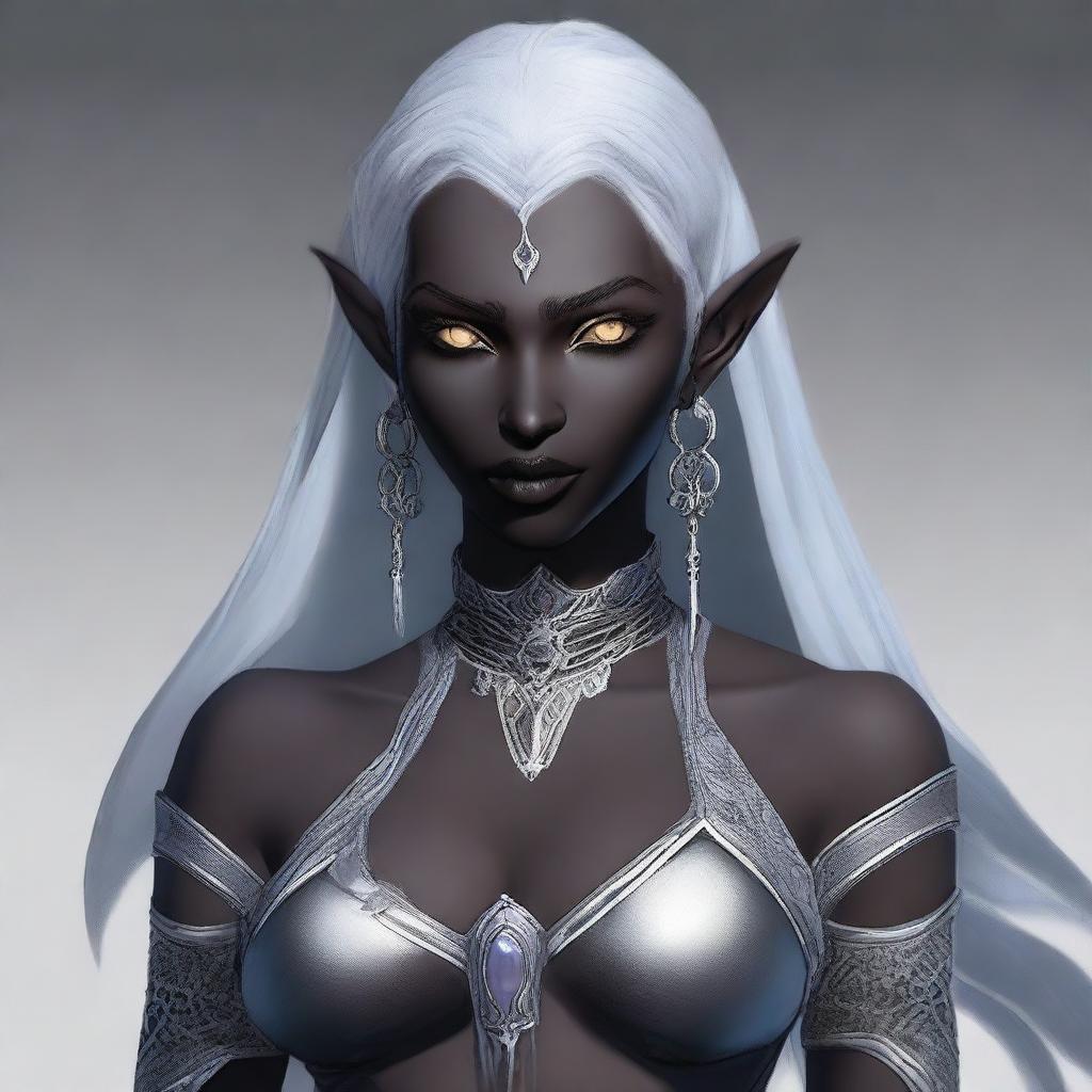 Generate an image of a unique female Drow who is part Moon Elf and part Sun Elf