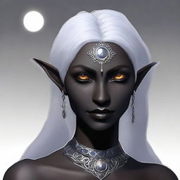 Generate an image of a unique female Drow who is part Moon Elf and part Sun Elf