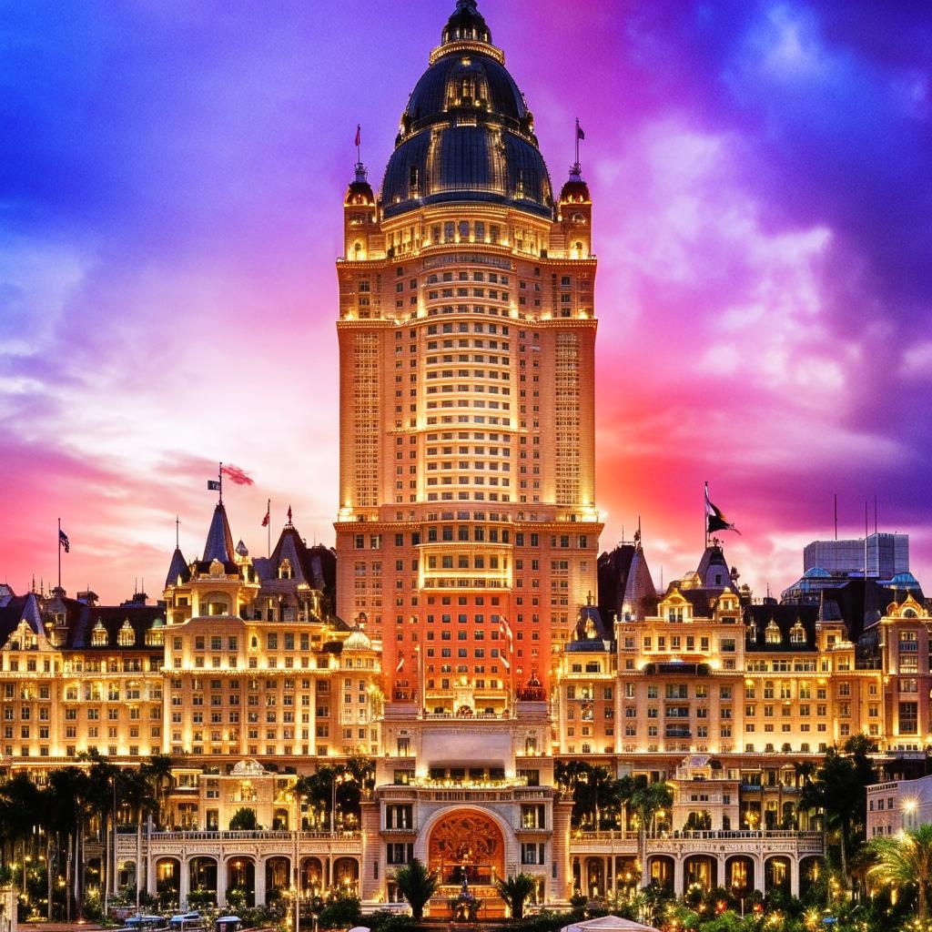 A grand, luxury hotel with intricate architectural design standing tall against a beautiful evening sky.