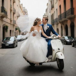 A joyous bride and groom in exquisite wedding attire riding away on a whimsical Vespa, navigating city streets. The bride's veil flutters in the wind symbolizing their adventurous, newlywed journey.