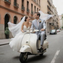 A joyous bride and groom in exquisite wedding attire riding away on a whimsical Vespa, navigating city streets. The bride's veil flutters in the wind symbolizing their adventurous, newlywed journey.