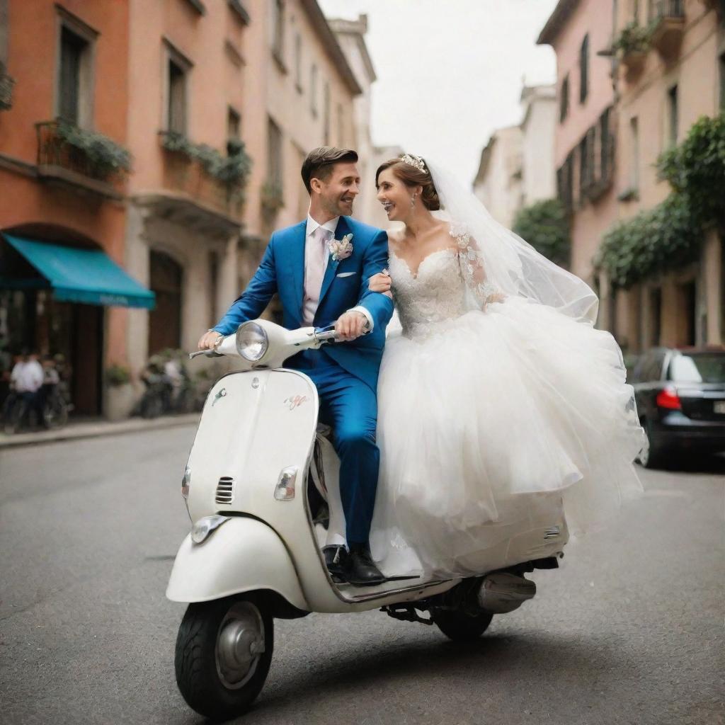 A joyous bride and groom in exquisite wedding attire riding away on a whimsical Vespa, navigating city streets. The bride's veil flutters in the wind symbolizing their adventurous, newlywed journey.