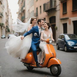 A joyous bride and groom in exquisite wedding attire riding away on a whimsical Vespa, navigating city streets. The bride's veil flutters in the wind symbolizing their adventurous, newlywed journey.