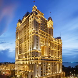 A grand, luxury hotel with intricate architectural design standing tall against a beautiful evening sky.