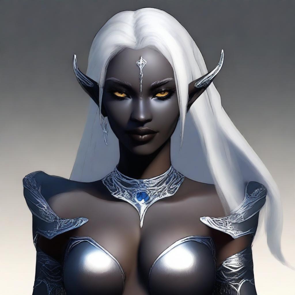 Generate an image of a full-figured female Drow who is part Moon Elf and part Sun Elf