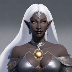 Generate an image of a full-figured female Drow who is part Moon Elf and part Sun Elf