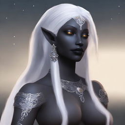 Generate an image of a full-figured female Drow who is part Moon Elf and part Sun Elf