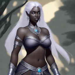 Generate an image of a full-figured female Drow who is part Moon Elf and part Sun Elf