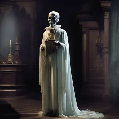 As the haunted mansion came alive, the ghostly figure with a rebato around its neck sent shivers down the visitors' spines.