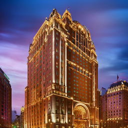 A grand, luxury hotel with intricate architectural design standing tall against a beautiful evening sky.