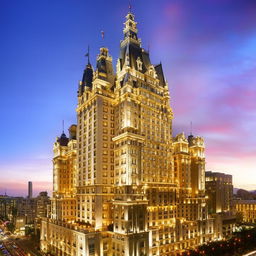 A grand, luxury hotel with intricate architectural design standing tall against a beautiful evening sky.