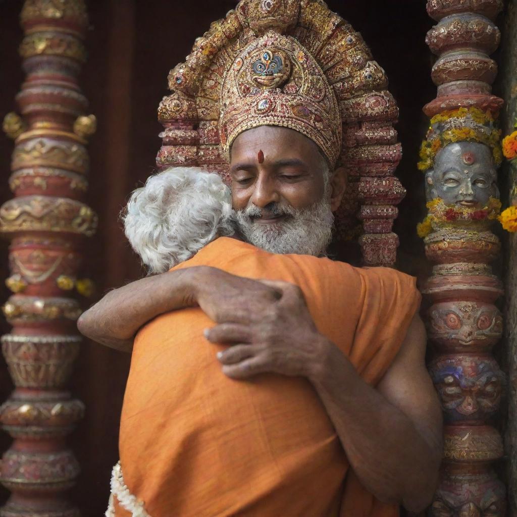 A devotion-filled scene of a devotee hugging the deity Jagannath, filled with emotion and reverence, in a vibrant Indian temple setting.