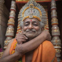 A devotion-filled scene of a devotee hugging the deity Jagannath, filled with emotion and reverence, in a vibrant Indian temple setting.