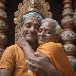 A devotion-filled scene of a devotee hugging the deity Jagannath, filled with emotion and reverence, in a vibrant Indian temple setting.