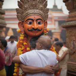 A devotion-filled scene of a devotee hugging the deity Jagannath, filled with emotion and reverence, in a vibrant Indian temple setting.